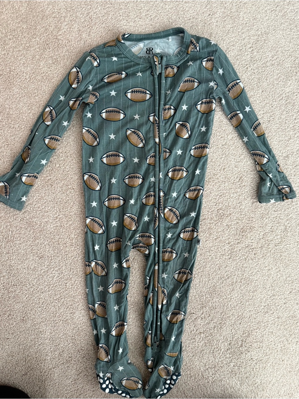Bums and Roses Green Football Print Zipper One-Piece footies- size 12-18 months